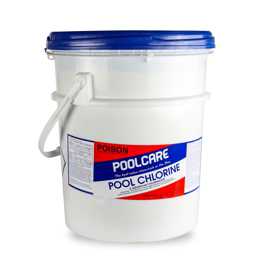 Bucket of Poolcare pool chlorine on a white background