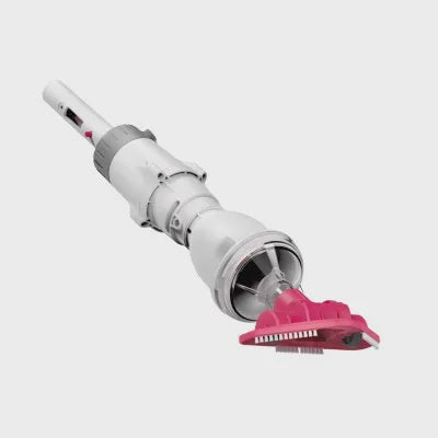Vacuum for spa and pool tool with white body and pink brush head on a light gray background