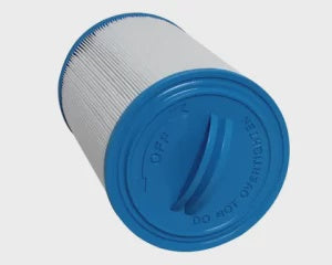Blue and white cylindrical filter cartridge on a light gray background