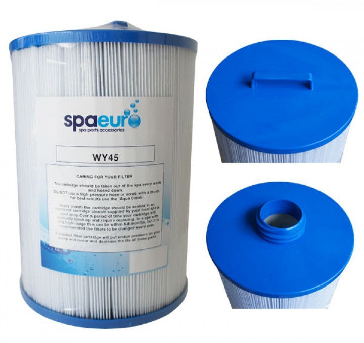 Spa filter cartridge with blue lid and 'spa euro' branding on a white background