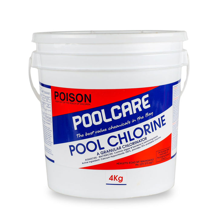 White bucket with Pool Care Pool Chlorine