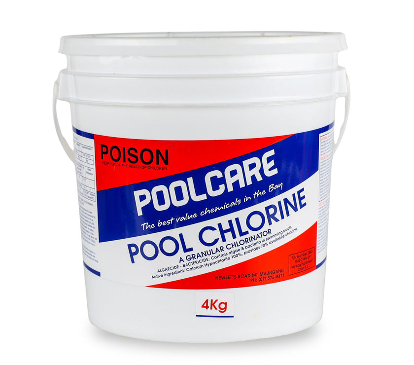 White bucket with Pool Care Pool Chlorine