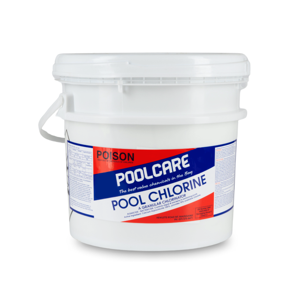 White bucket labeled 'Poolcare Pool Chlorine' on a white background