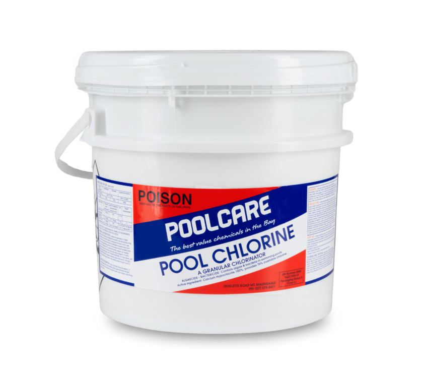 White bucket labeled 'Poolcare Pool Chlorine' on a white background