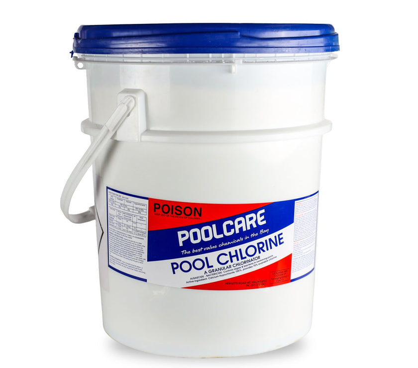 Bucket of Poolcare pool chlorine on a white background