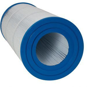 Cylindrical filter cartridge with blue outer rim on a white background