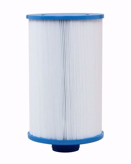 Cylindrical filter cartridge with blue top and bottom on a white background